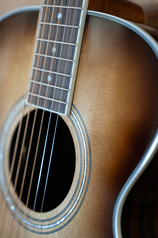 Close-up M-260E Deluxe Edge Burst soundhole and rosette