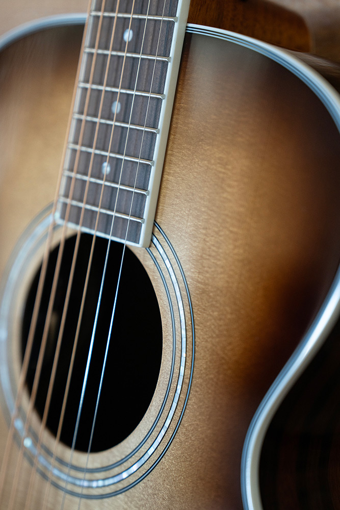 Close-up M-260E Deluxe Edge Burst soundhole and rosette