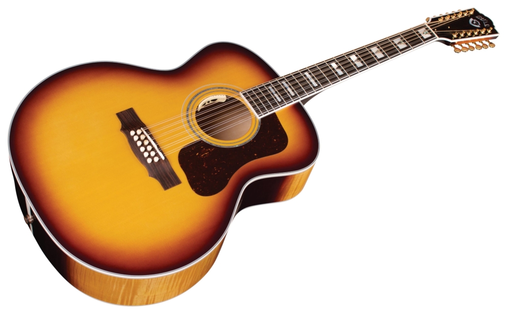 Horizontal front angle view of F-512E Maple Antique Burst guitar