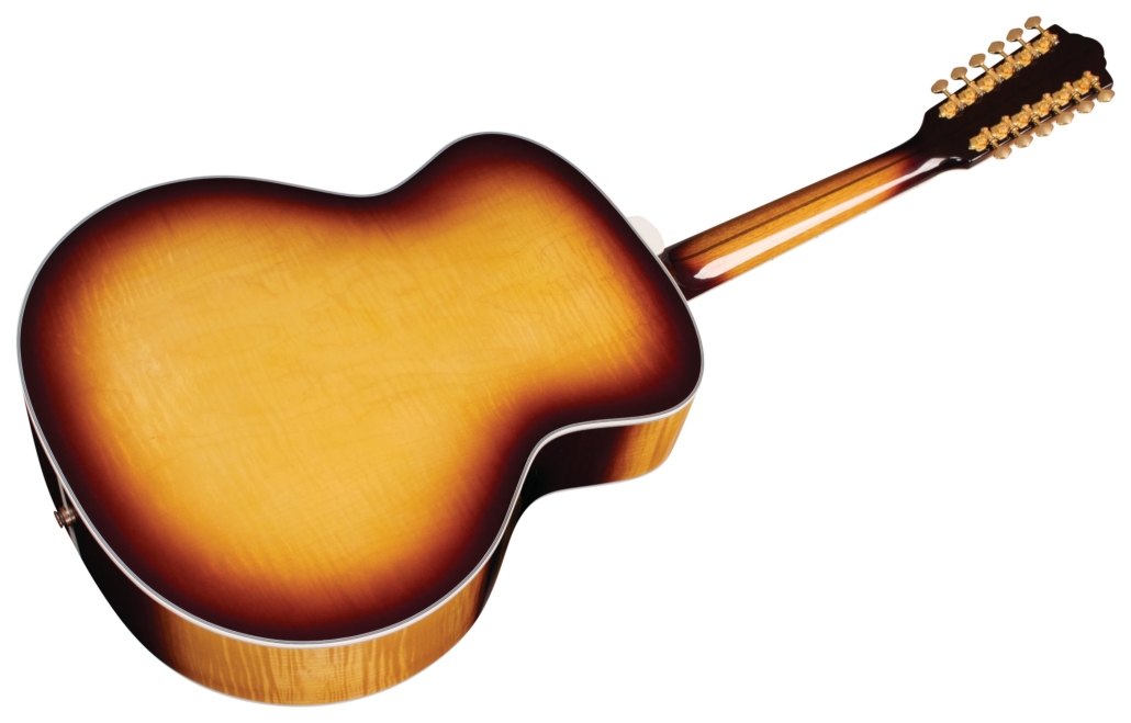 Horizontal back angle view of F-512E Maple Antique Burst guitar