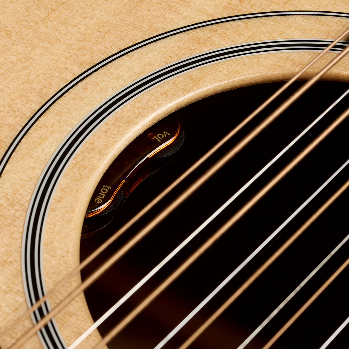 Close-up of F-412E Standard Natural soundhole showing L.R. Baggs Element VTC pickup system thumb