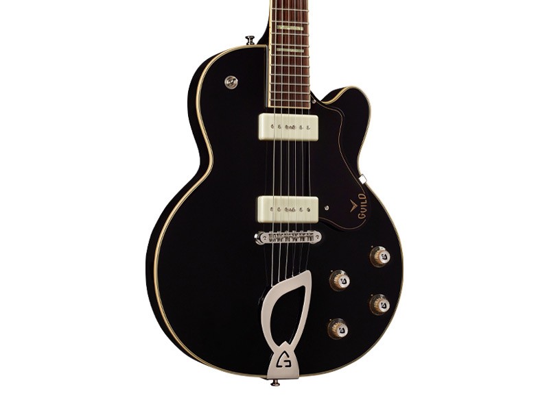 Horizontal front angle view of M-75 Aristocrat Antique Sunburst guitar