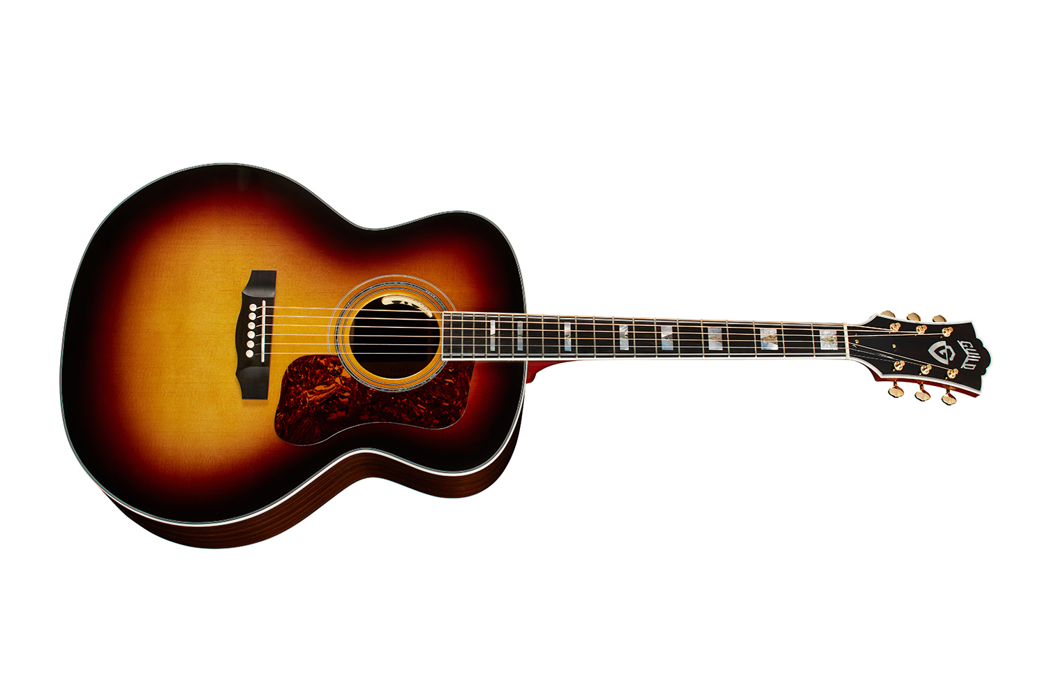 Horizontal side view of F-55E Antique Burst acoustic guitar