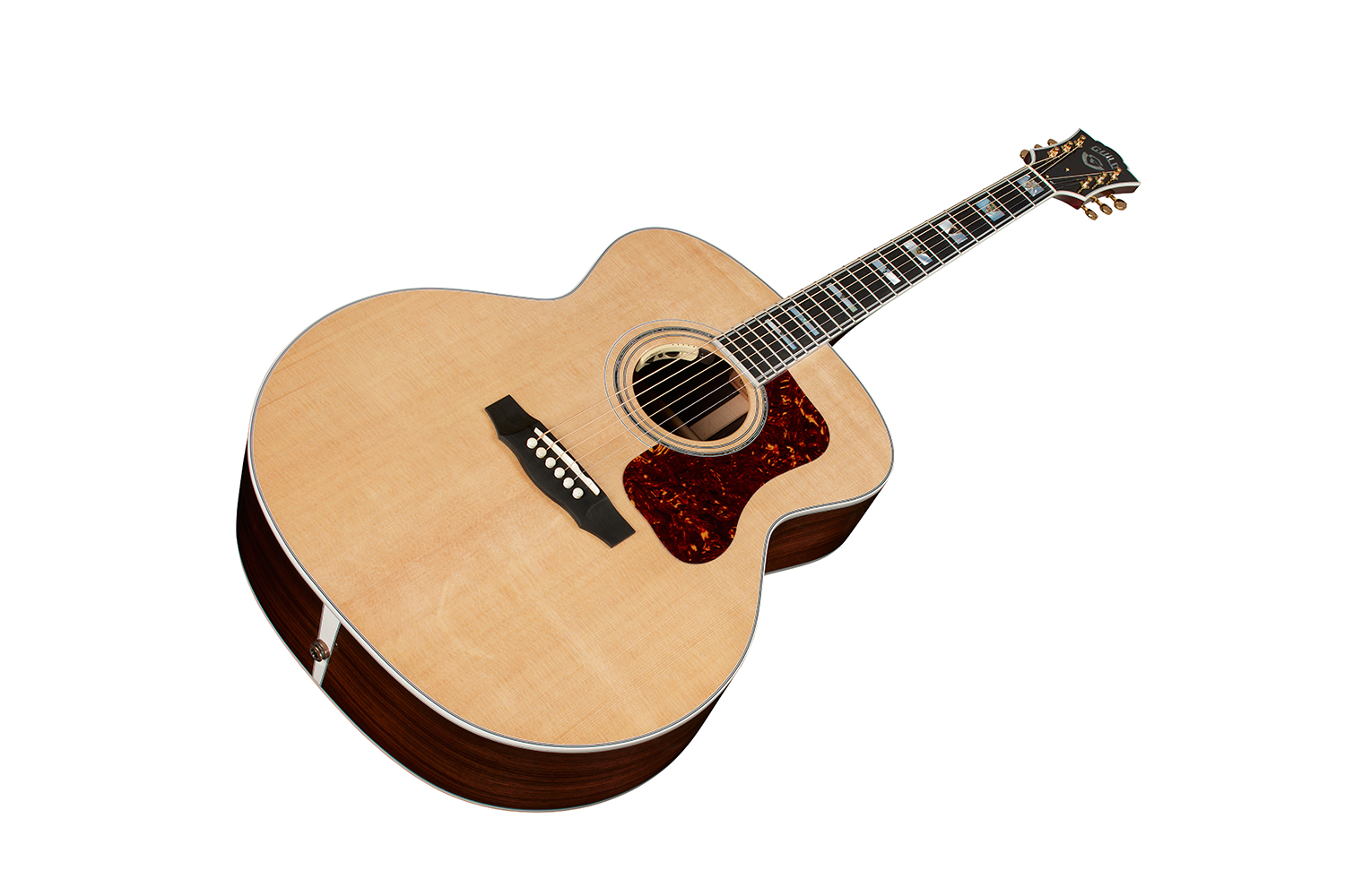 Horizontal front angle view of F-55E Natural guitar