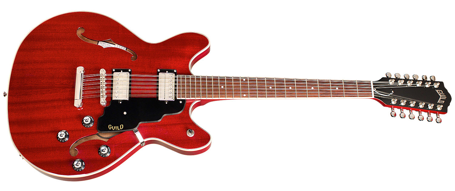 Horizontal side view of Starfire I-12 Cherry Red guitar