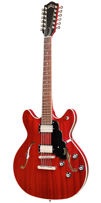 Vertical view of Starfire I-12 Cherry Red electric guitar