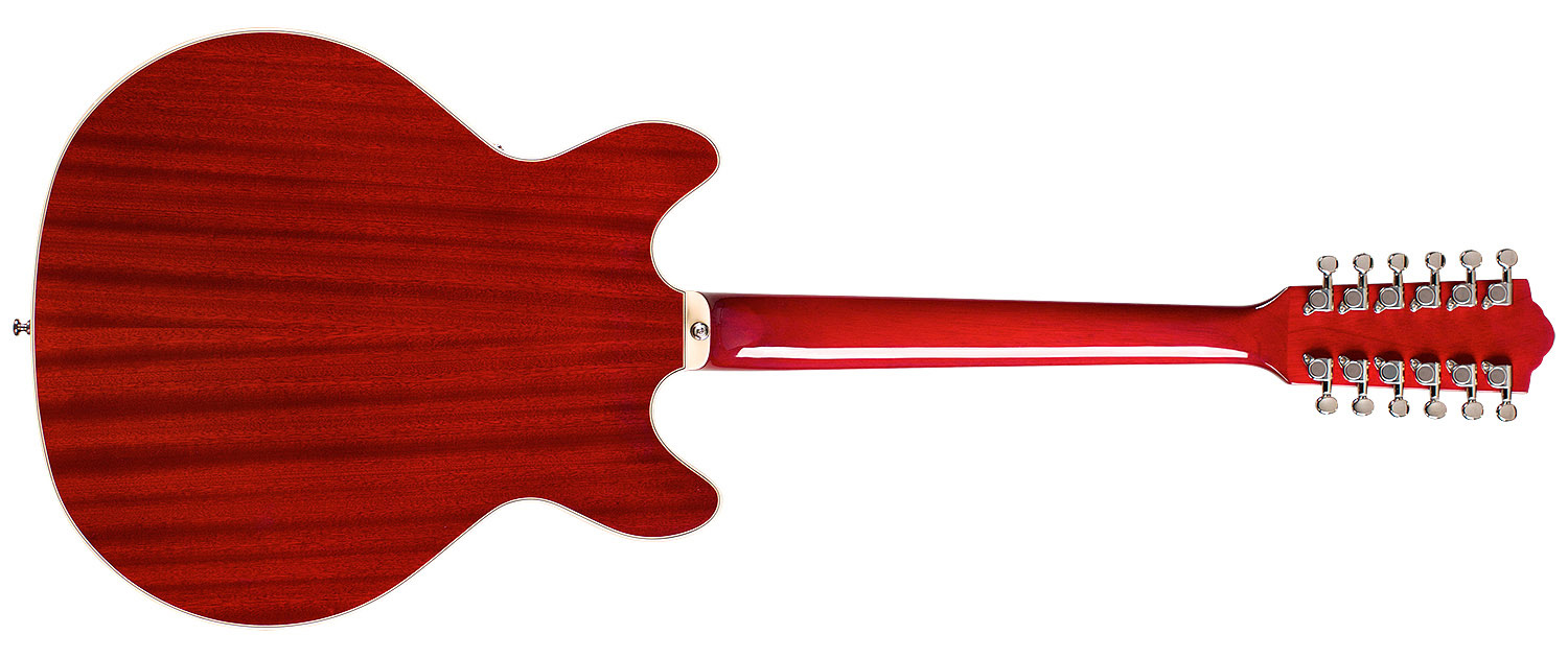 Horizontal back view of Starfire I-12 Cherry Red guitar