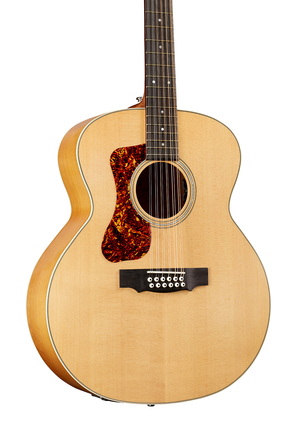 Horizontal close-up body view of F-2512E Maple Left Handed guitar