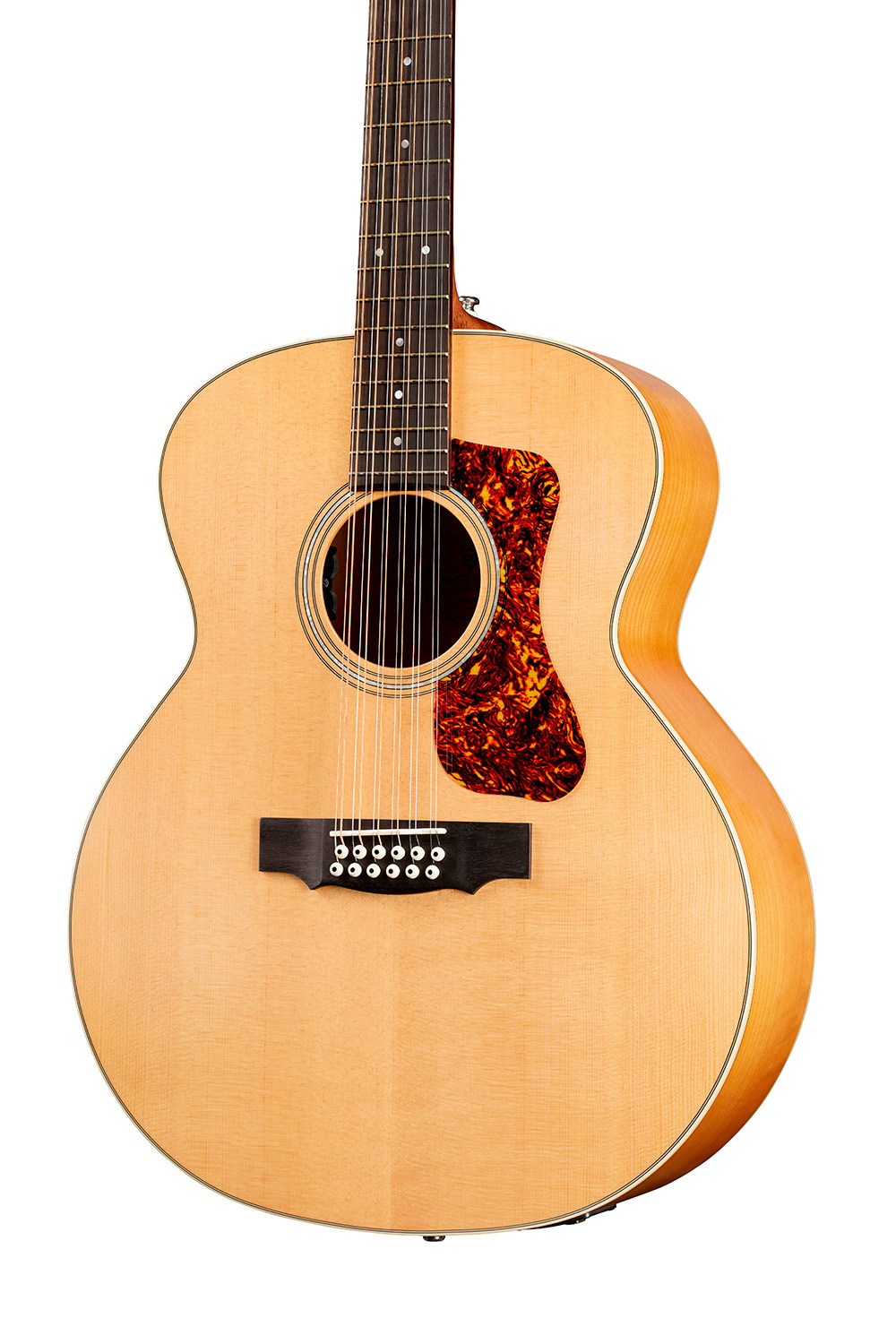 Horizontal close-up body view of F-2512E Maple guitar