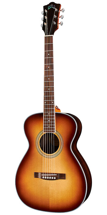 Vertical view of M-260E Deluxe Edge Burst guitar