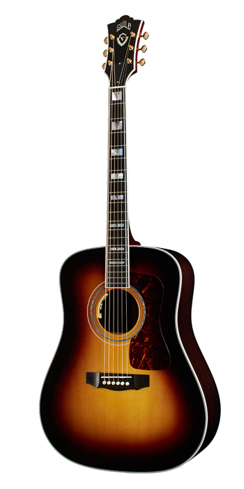 Vertical view of D-55E Antique Burst acoustic guitar