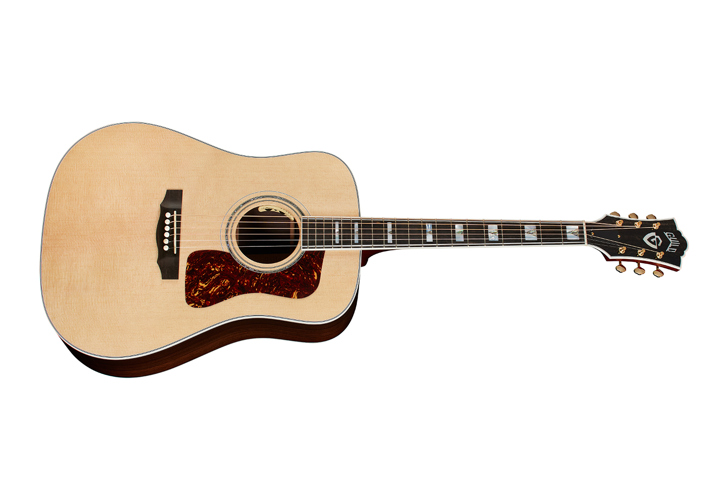 Horizontal side view of D-55E Natural guitar