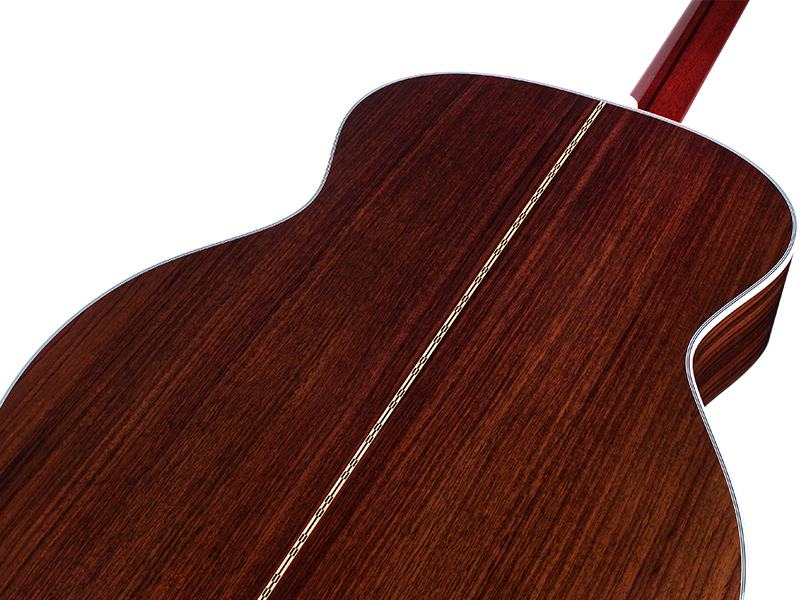 Horizontal back angle close-up view of F-55 natural guitar