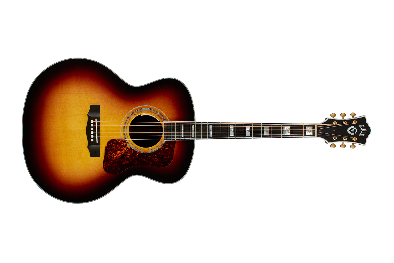 Horizontal front view of F-55E Antique Burst acoustic guitar