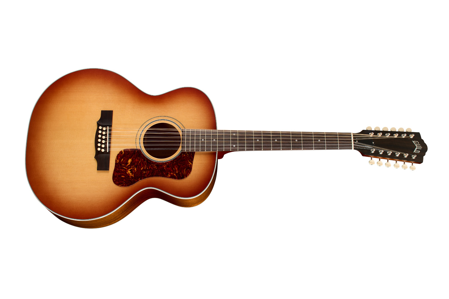 Horizontal side view of F-412 Standard Pacific Sunset Burst guitar