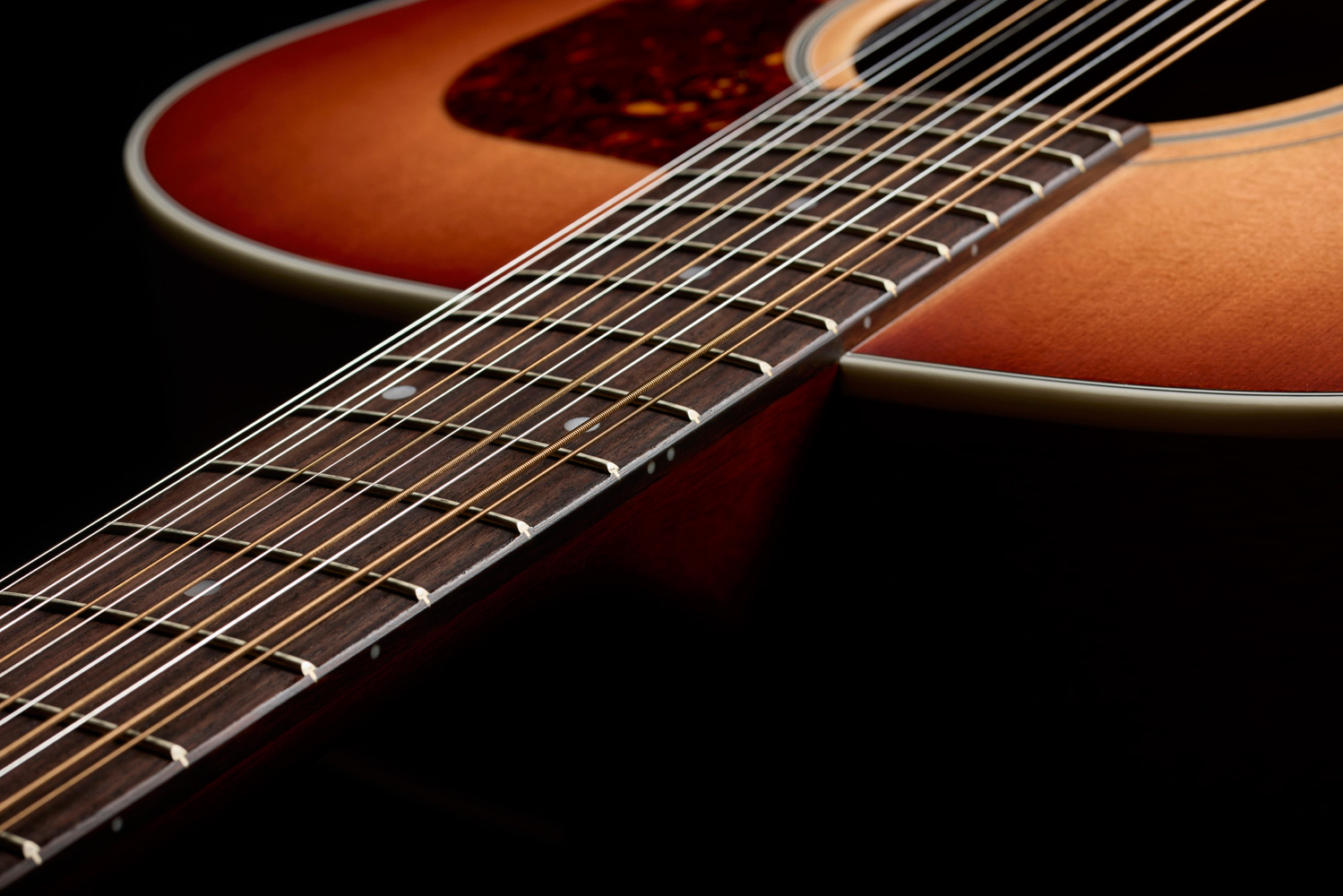 Top down view of F-412 Standard Pacific Sunset Burst neck and strings