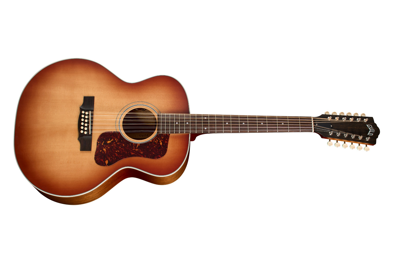 Horizontal side view of F-412E Standard Pacific Sunset Burst guitar