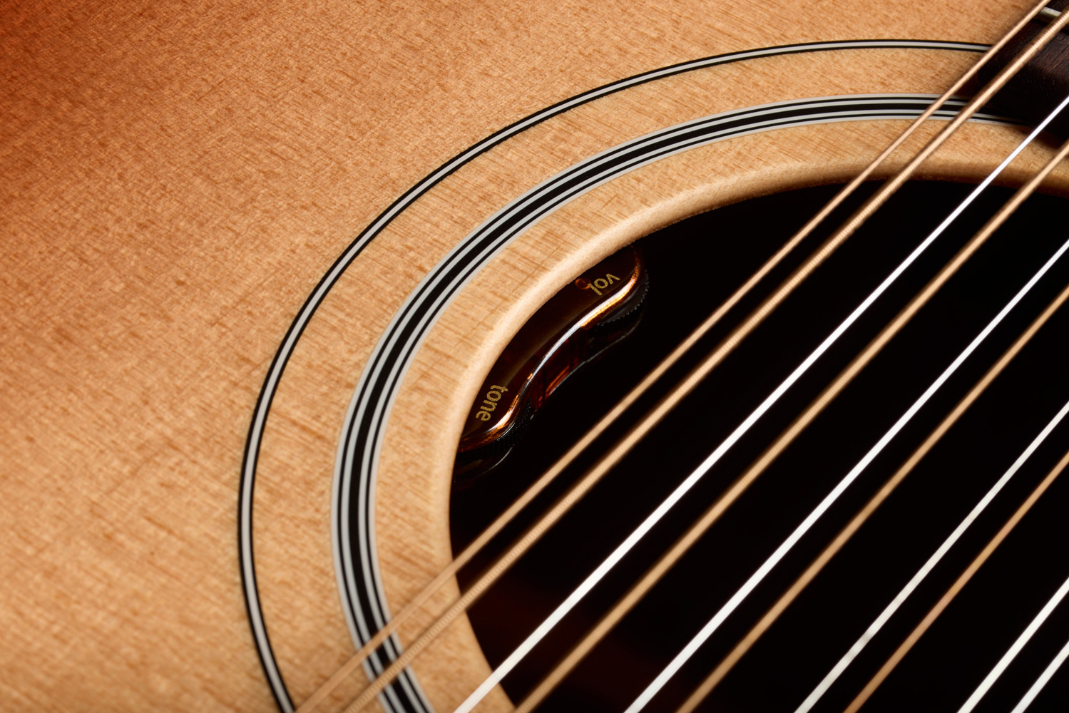 Close-up of F-412E Standard Pacific Sunset Burst soundhole showing L.R. Baggs Element VTC pickup system