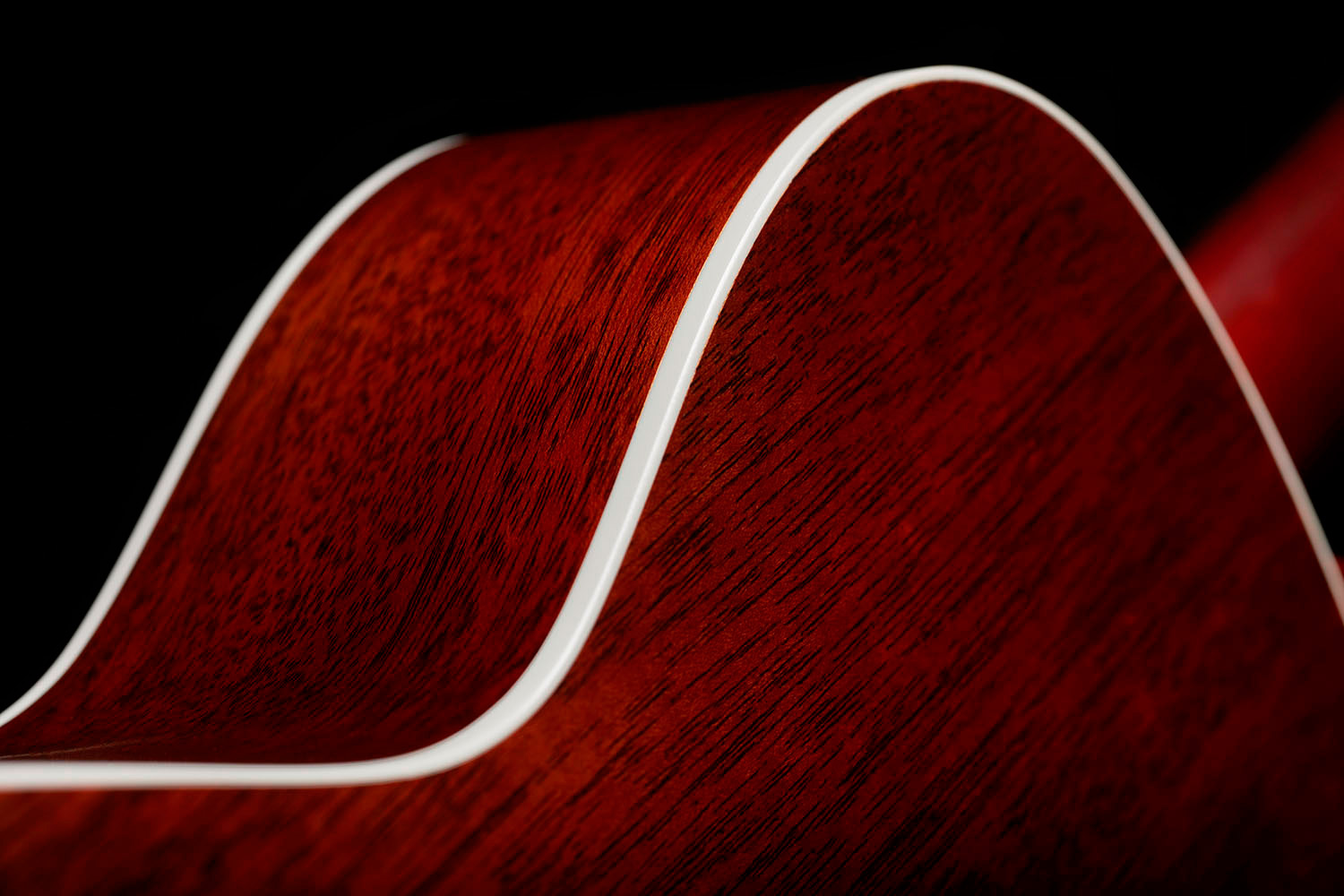 Close-up of M-40 Standard Natural back showcasing solid African Mahogany back and White ABS body binding