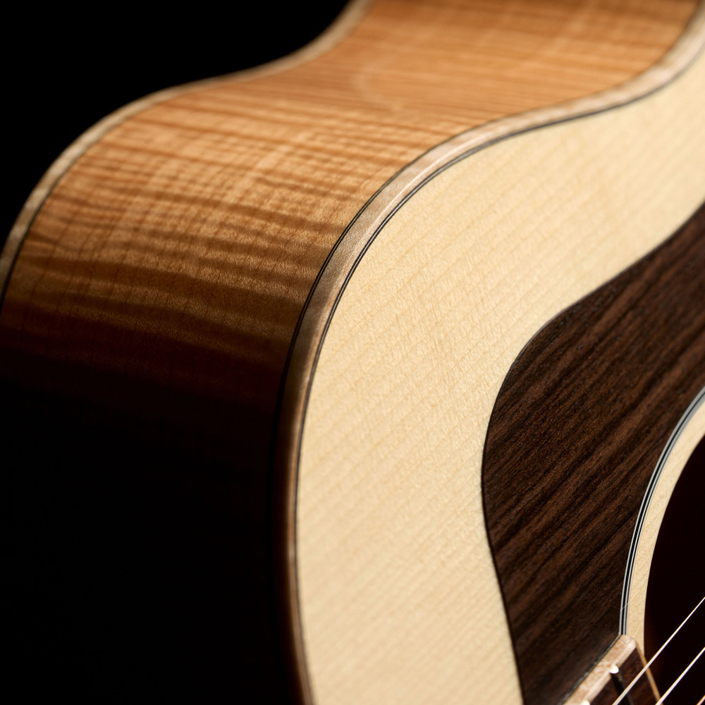 Close-up of VR1 F-40 Au Naturel shoulder showcasing ultra-rare aged solid 5A flame maple sides thumb