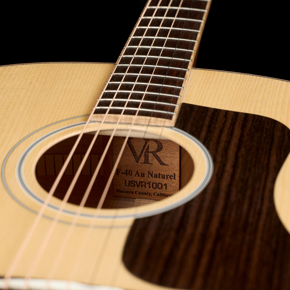 Close-up of VR1 F-40 Au Naturel body looking through the soundhole at VR logo badge thumb
