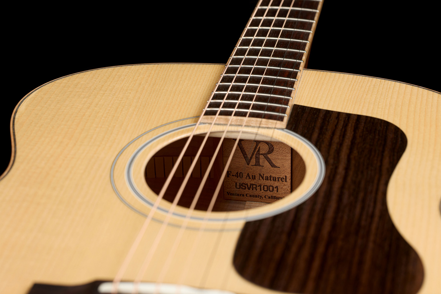 Close-up of VR1 F-40 Au Naturel body looking through the soundhole at VR logo badge