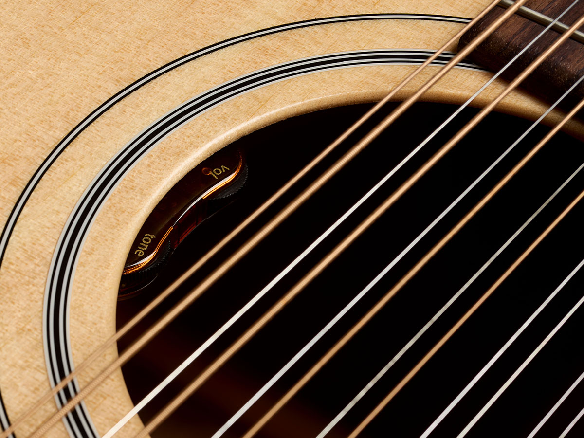 Close-up of F-412E Standard Natural soundhole and L.R. Baggs Element VTC pickup system