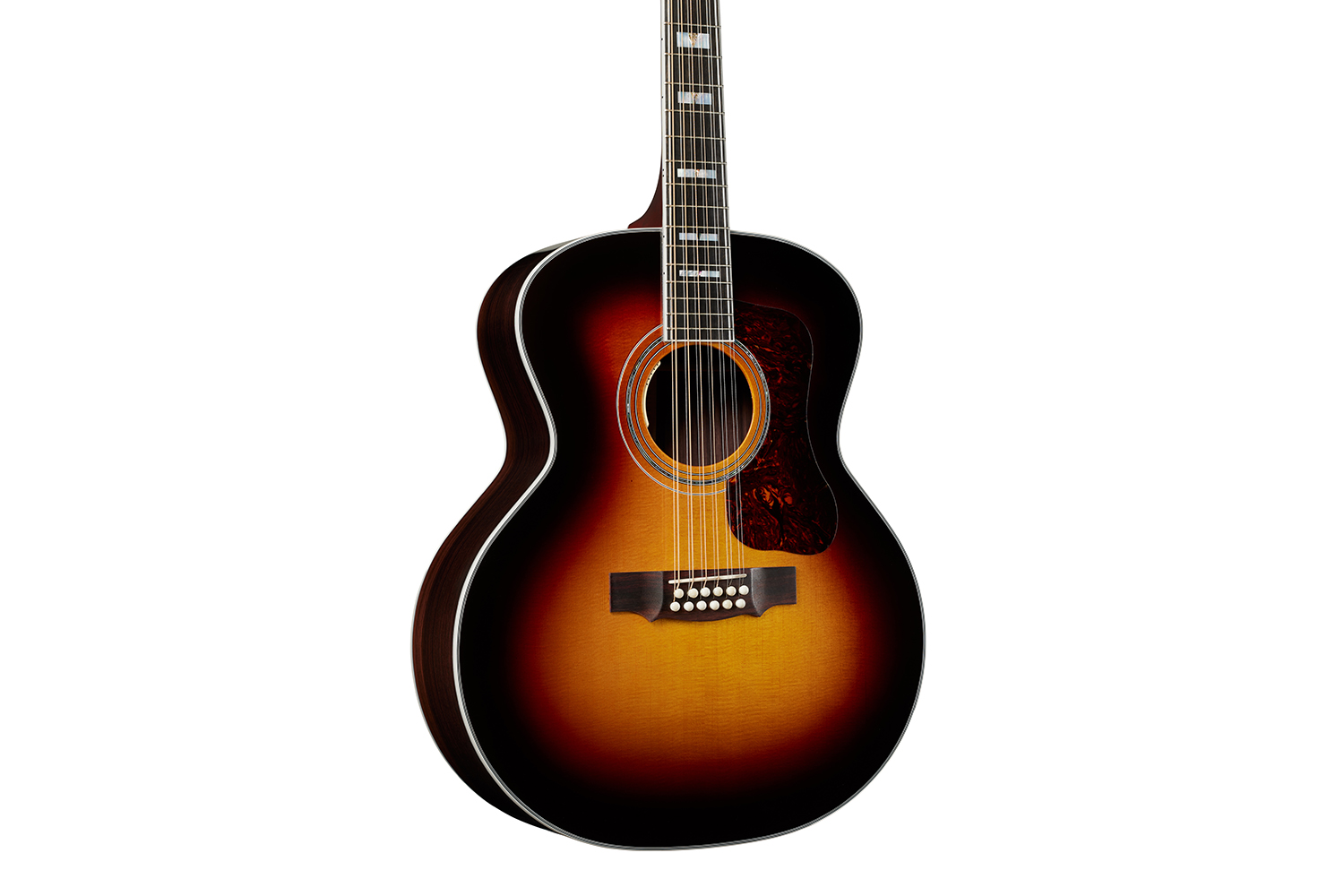 Horizontal body close up view of F-512 Antique Burst guitar