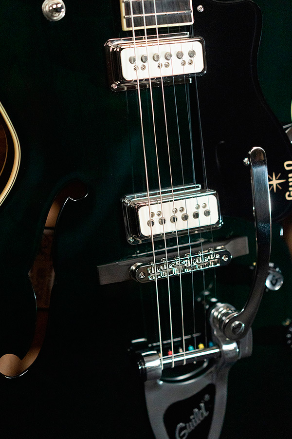 Close up view of Starfire III Dynasonic Emerald Green pickups and bridge thumbnail