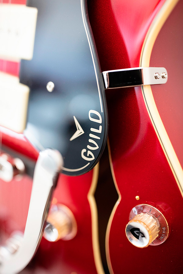 Close up of X-350 Stratford Scarlet Red guitar pickguard thumbnail