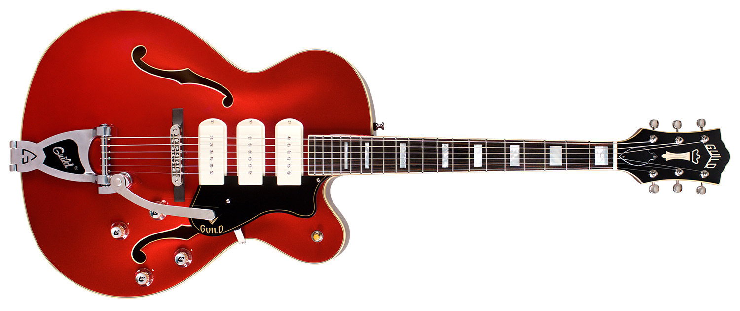 Horizontal front view of X-350 Stratford Scarlet Red guitar