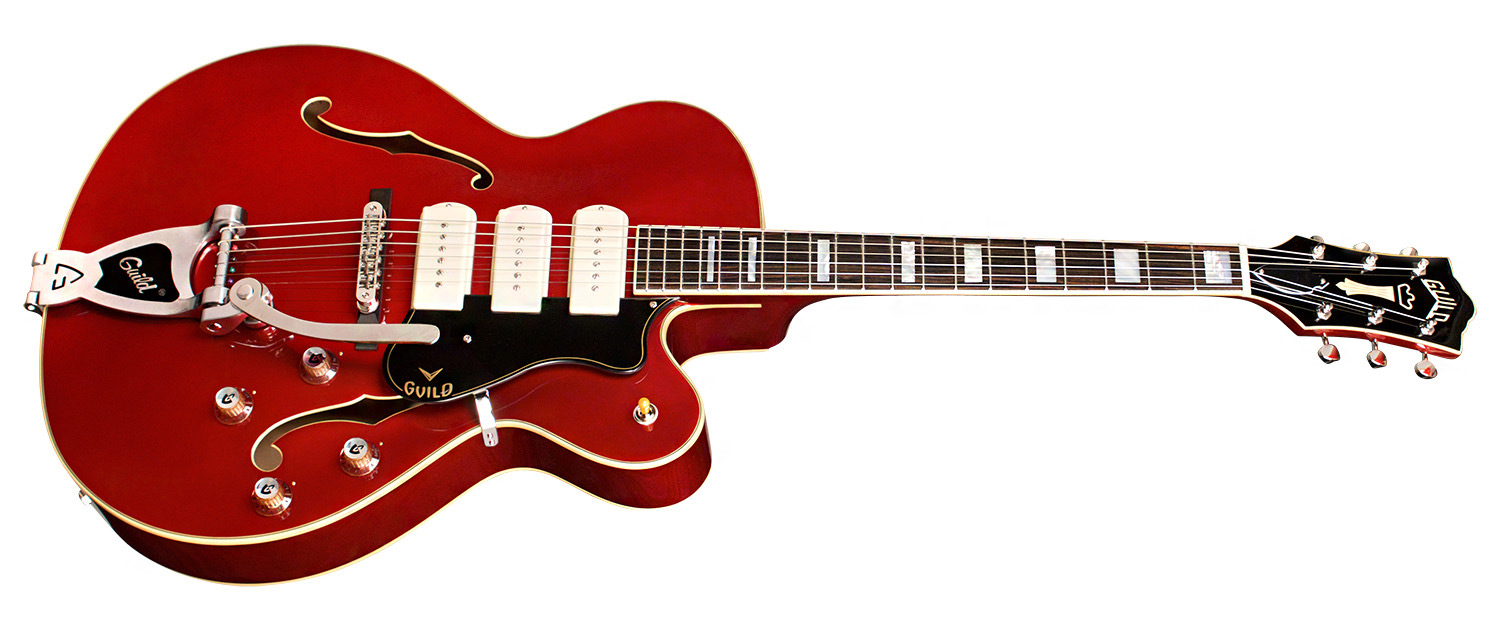 Horizontal side view of X-350 Stratford Scarlet Red guitar