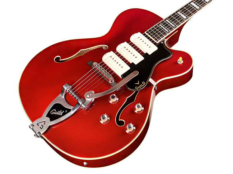 Horizontal angled front view of X-350 Stratford Scarlet Red guitar