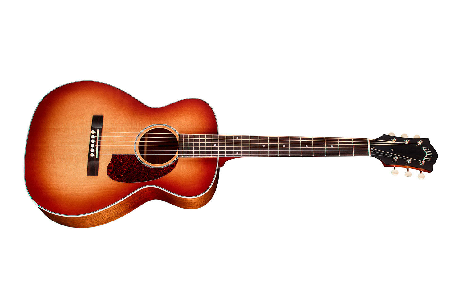Horizontal side view of M-40 Standard Pacific Sunset Burst acoustic guitar 