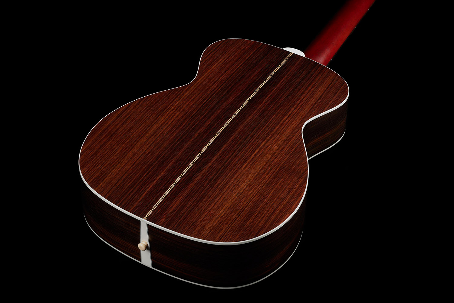 View of M-50 Standard Natural back showcasing solid Indian rosewood back and White ABS body binding