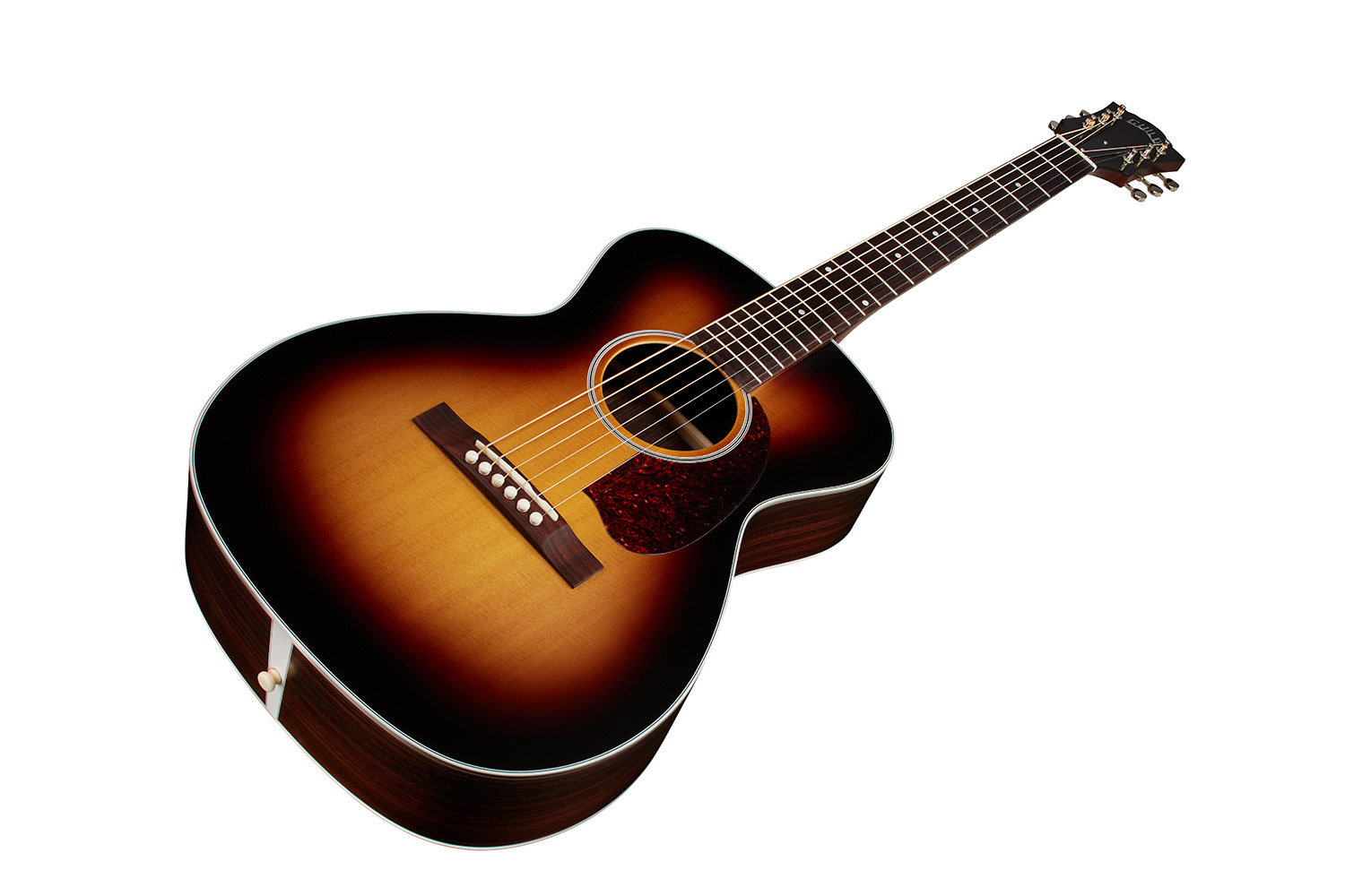 Angled front view of M-50 Standard Antique Burst acoustic guitar