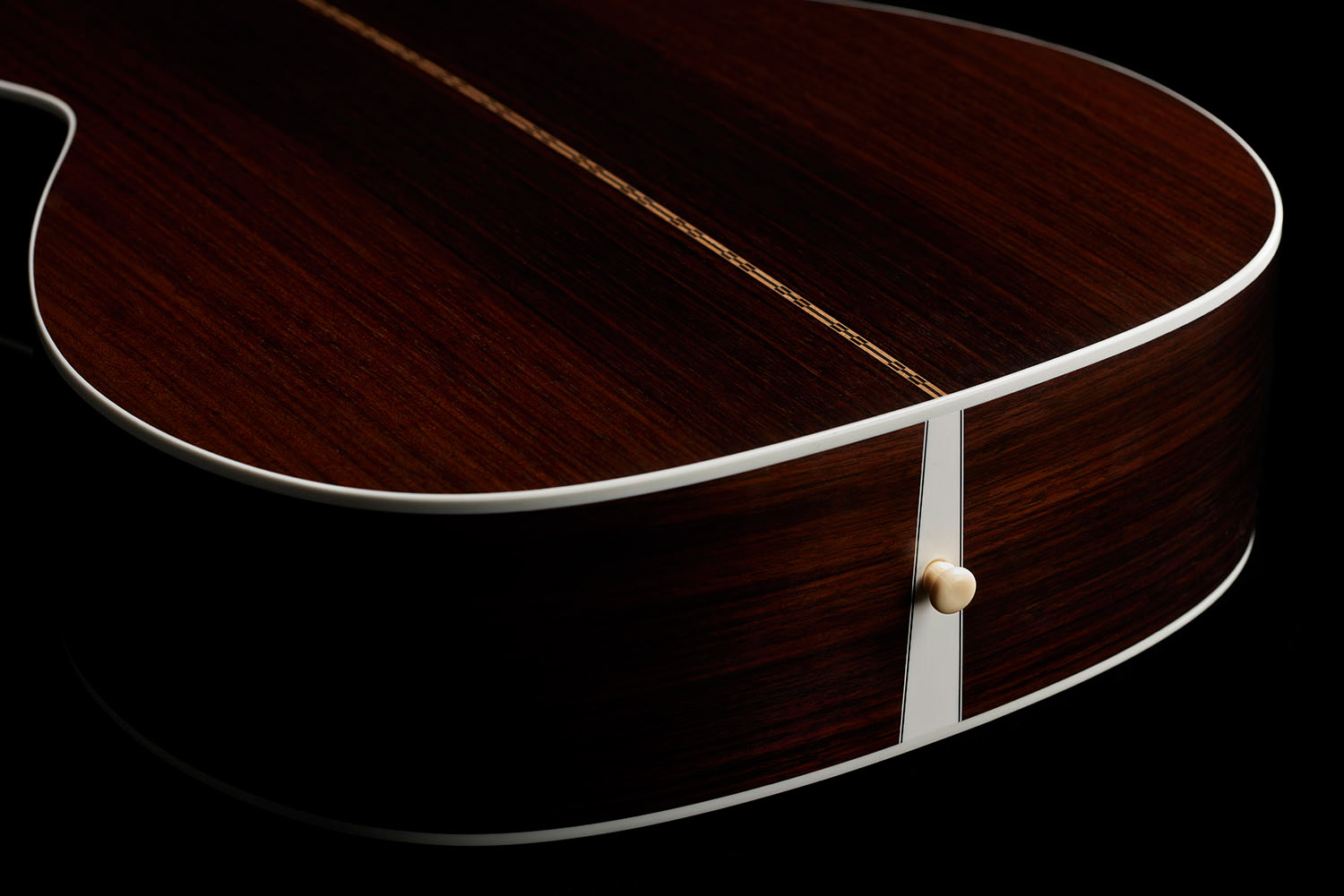 View of M-50 Standard Antique Burst back showcasing solid Indian rosewood back and strap pin