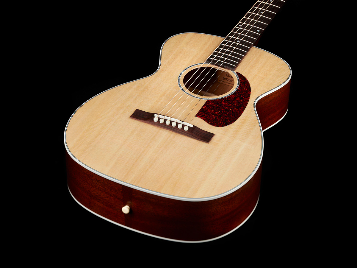 View of the M-40 Standard Natural body highlighting the solid Sitka spruce top