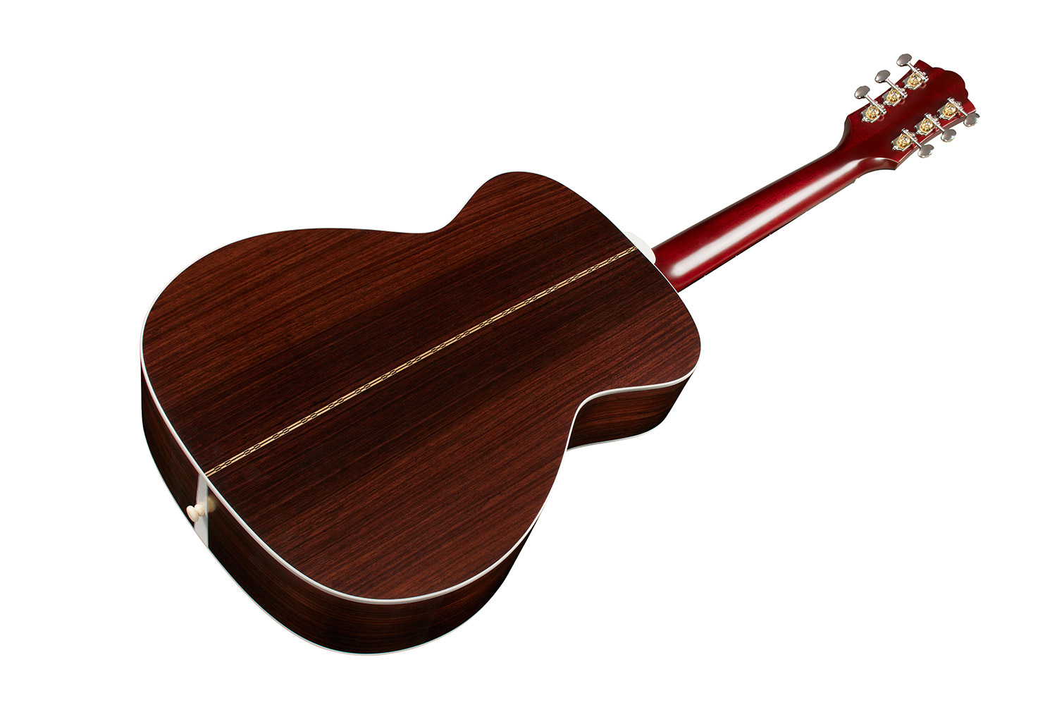 Angled back view of M-50 Standard Antique Burst acoustic guitar