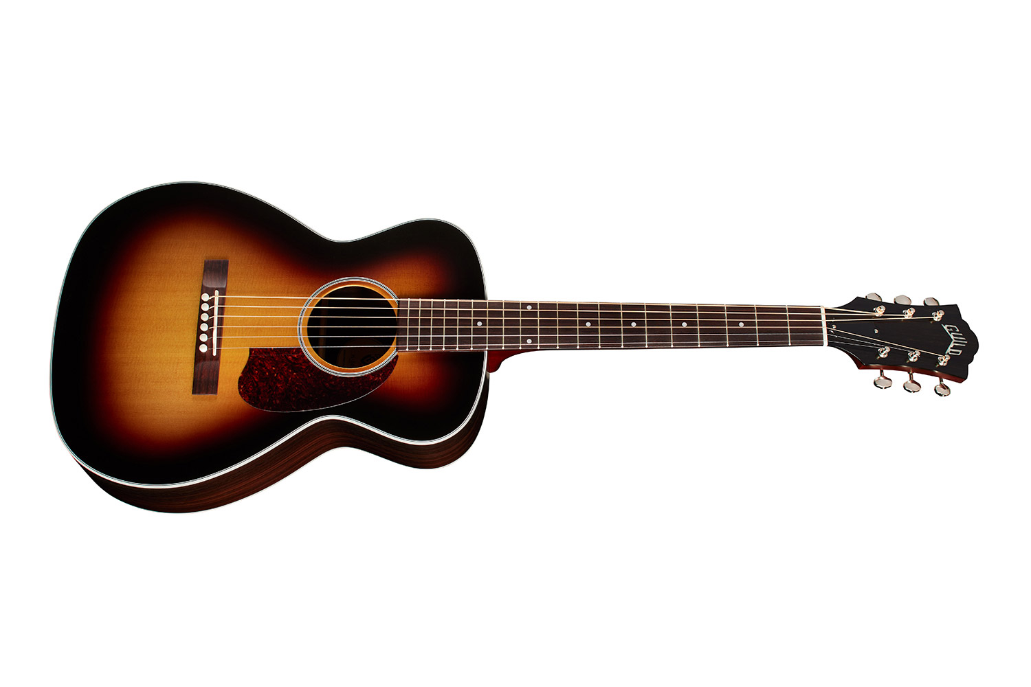 Horizontal side view of M-50 Standard Antique Burst acoustic guitar