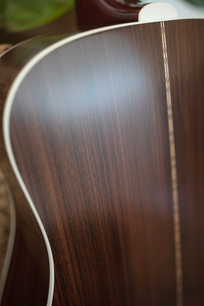 Close-up of the back of the D-50 Standard Antique Burst showcasing the solid Indian rosewood back