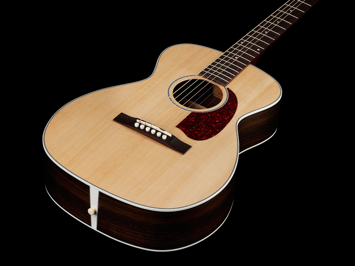 View of the M-50 Standard Natural body highlighting the solid Sitka spruce top