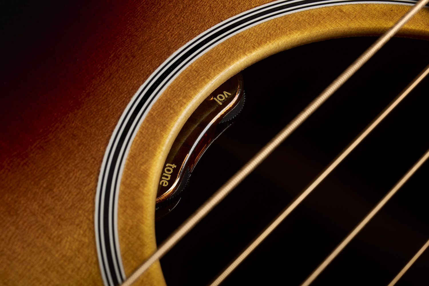 Close-up of M-50E Standard Antique Burst soundhole showcasing L.R. Baggs Element VTC pickup system