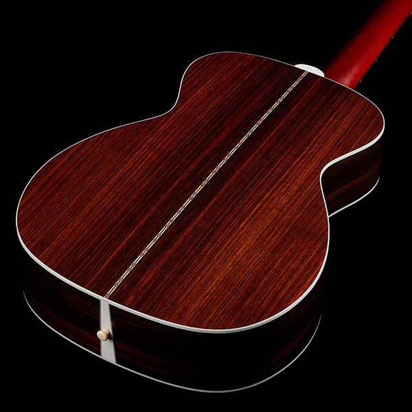 View of M-50 Standard Natural back showcasing solid Indian rosewood back and White ABS body binding thumb