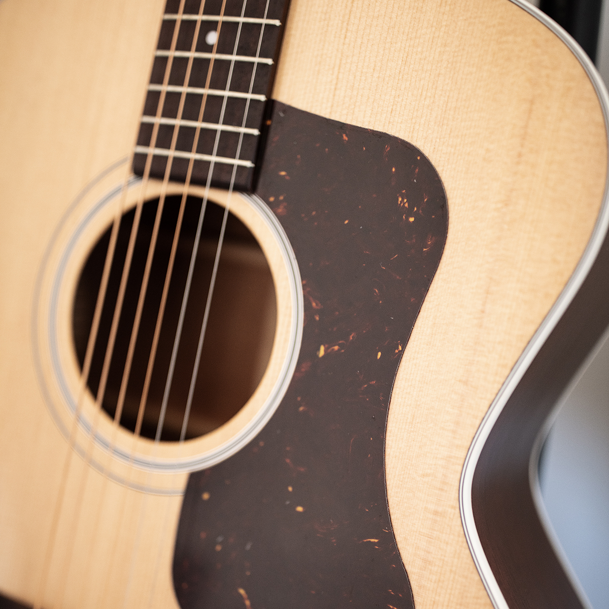 Close-up of F-40 Standard Natural soundhole and pickguard thumb