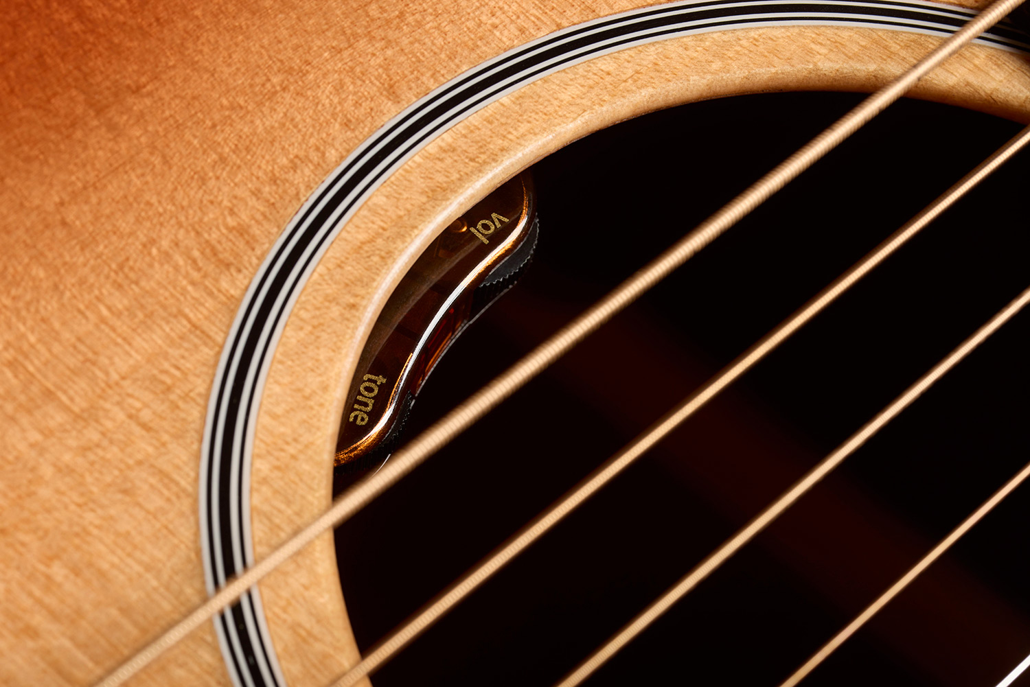 Close-up of M-40E Standard Pacific Sunset Burst soundhole showcasing L.R. Baggs Element VTC pickup system