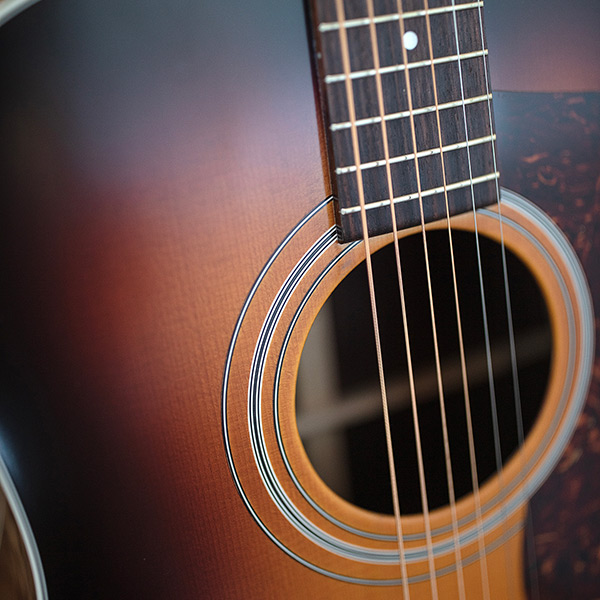 Close-up of D-50 Standard Antique Burst soundhole thumb