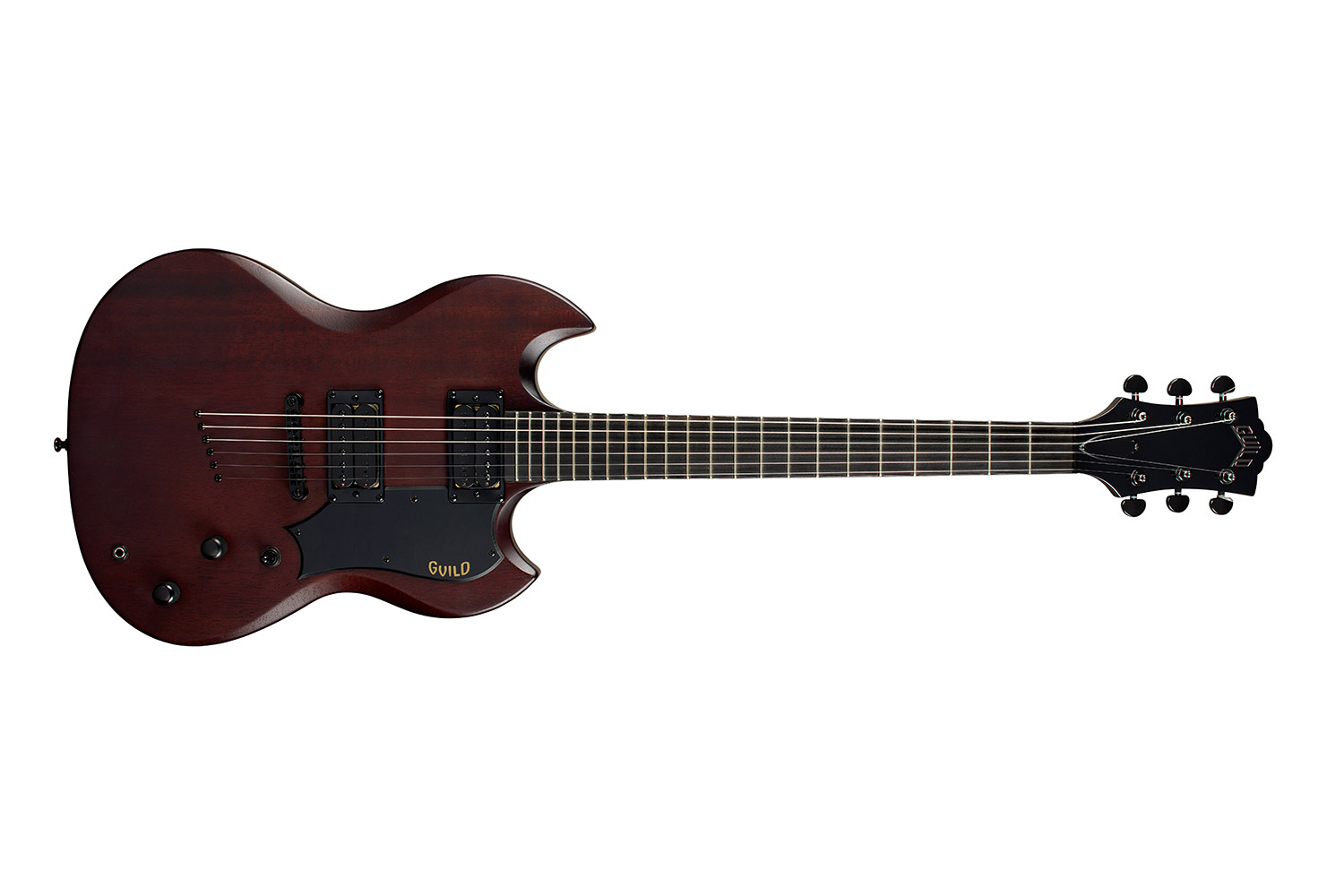 Horizontal front view of Polara Limited Night Edition Vintage Walnut electric guitar