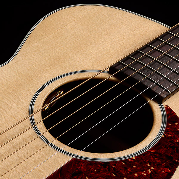 Close-up of M-50E Standard Natural soundhole showcasing L.R. Baggs Element VTC pickup system thumb