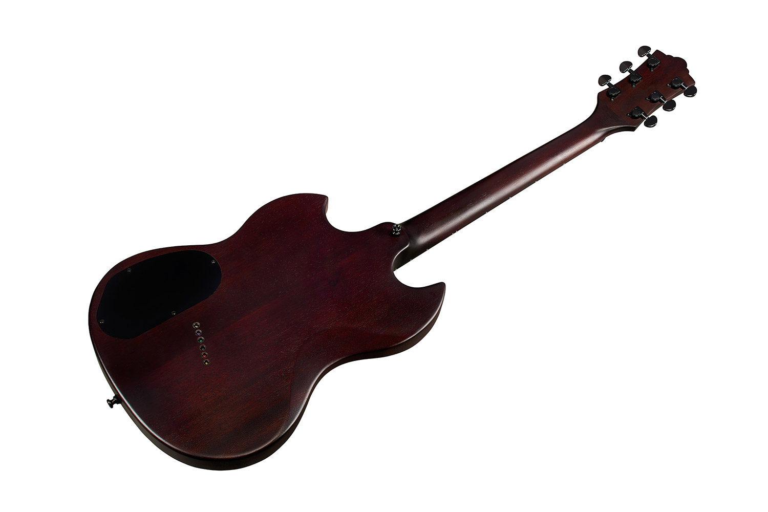 Angled back view of Polara Limited Night Edition Vintage Walnut electric guitar